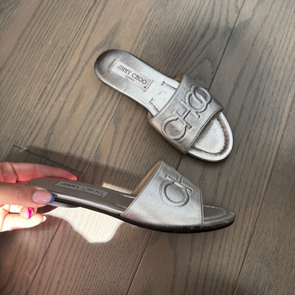Jimmy Choo 34 Chic Flat Sandals Girl’s US4 Nappa Leather Silver Slingback Flats